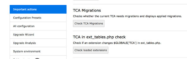 Two TCA migration related buttons in the TYPO3 Install Tool