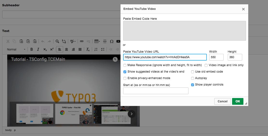 CKEditor in the TYPO3 Backend with enabled YouTube Plugin