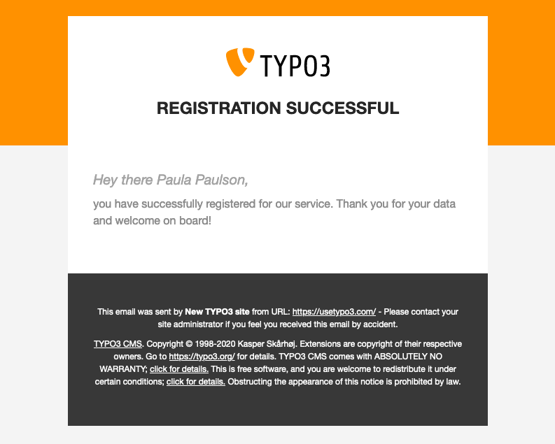 Example email for a successfull registration process