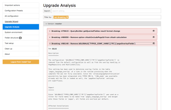 screenshot of the TYPO3 Upgrade Analysis tool in the Install Tool